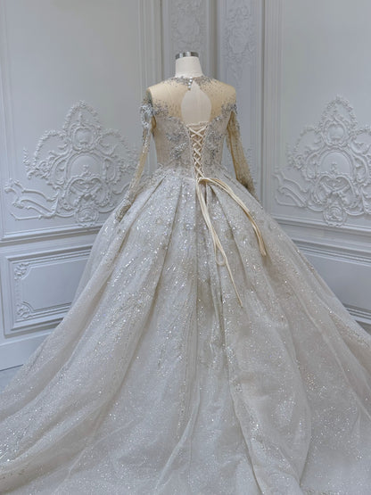Stock Clearance! Luxury beading long sleeve with high neck ivory cream color ballgown royal wedding dress - Ting's Bridal Collection