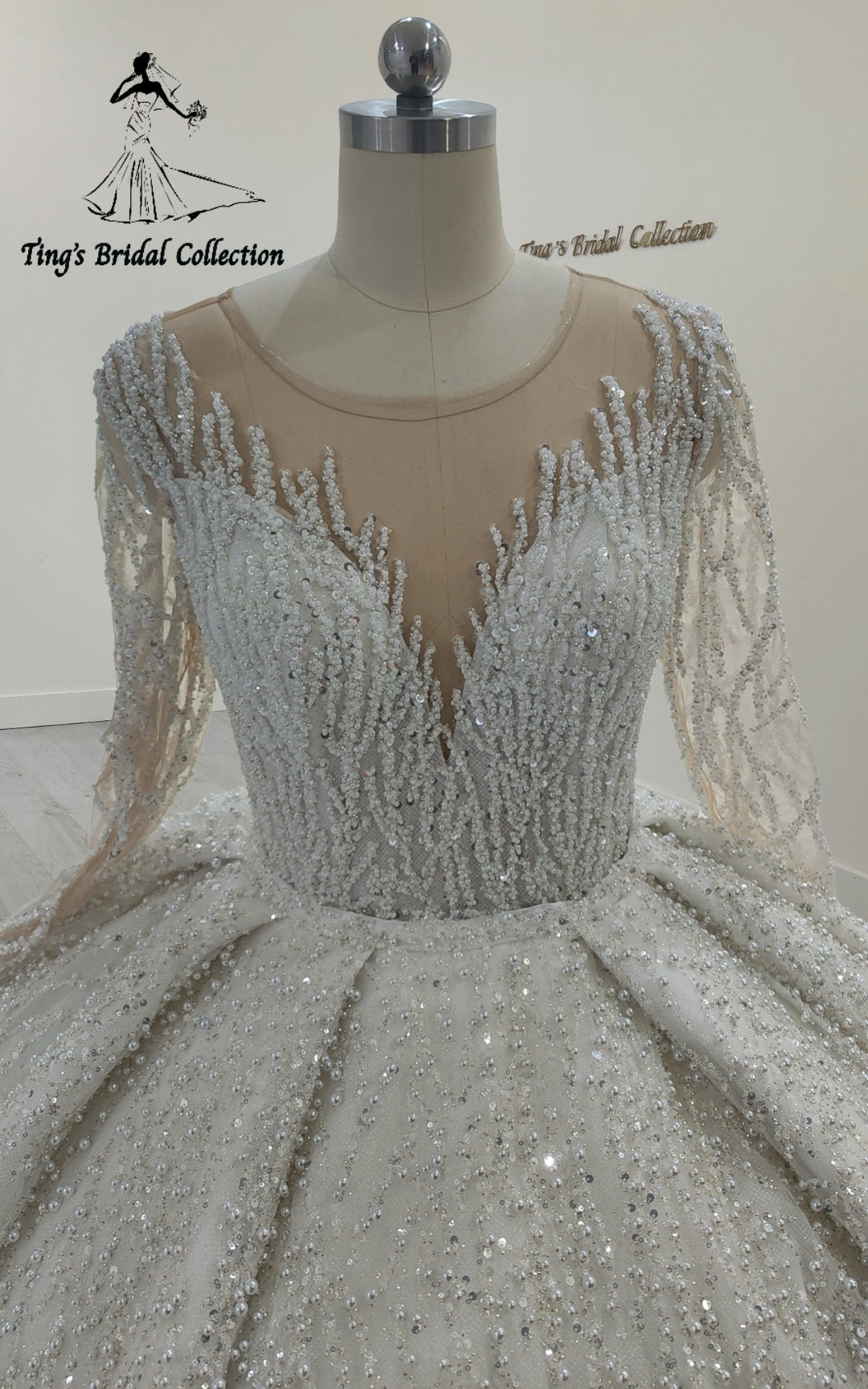 TBC-NB095 Custom-made luxury pearl&beading lace long sleeve ballgown royal wedding dress - Ting's Bridal Collection