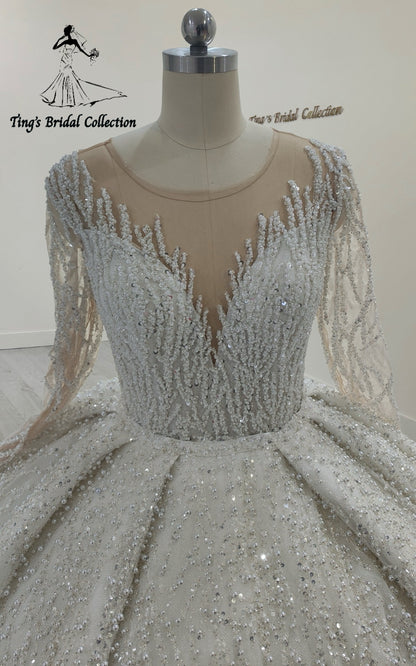 TBC-NB095 Custom-made luxury pearl&beading lace long sleeve ballgown royal wedding dress - Ting's Bridal Collection