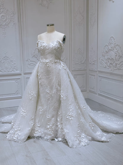 TBC-2IN1-002  Stock of White 3D floral off the shoulder 2 in 1 split mermaid wedding dress with detachable skirt - Ting's Bridal Collection
