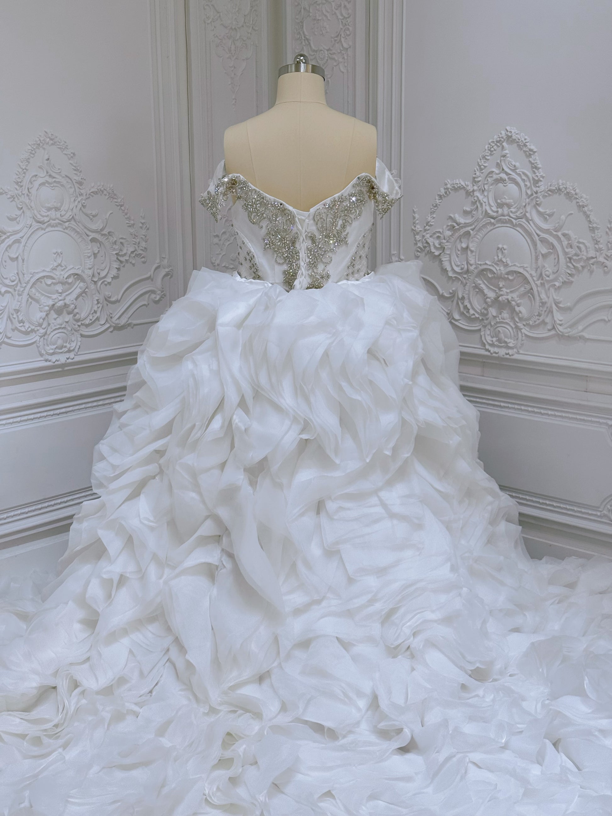 TBC-2IN1-0036 Made to order Luxury crystal beaded 2 in 1 mermaid with detachable ruffled skirt - Ting's Bridal Collection