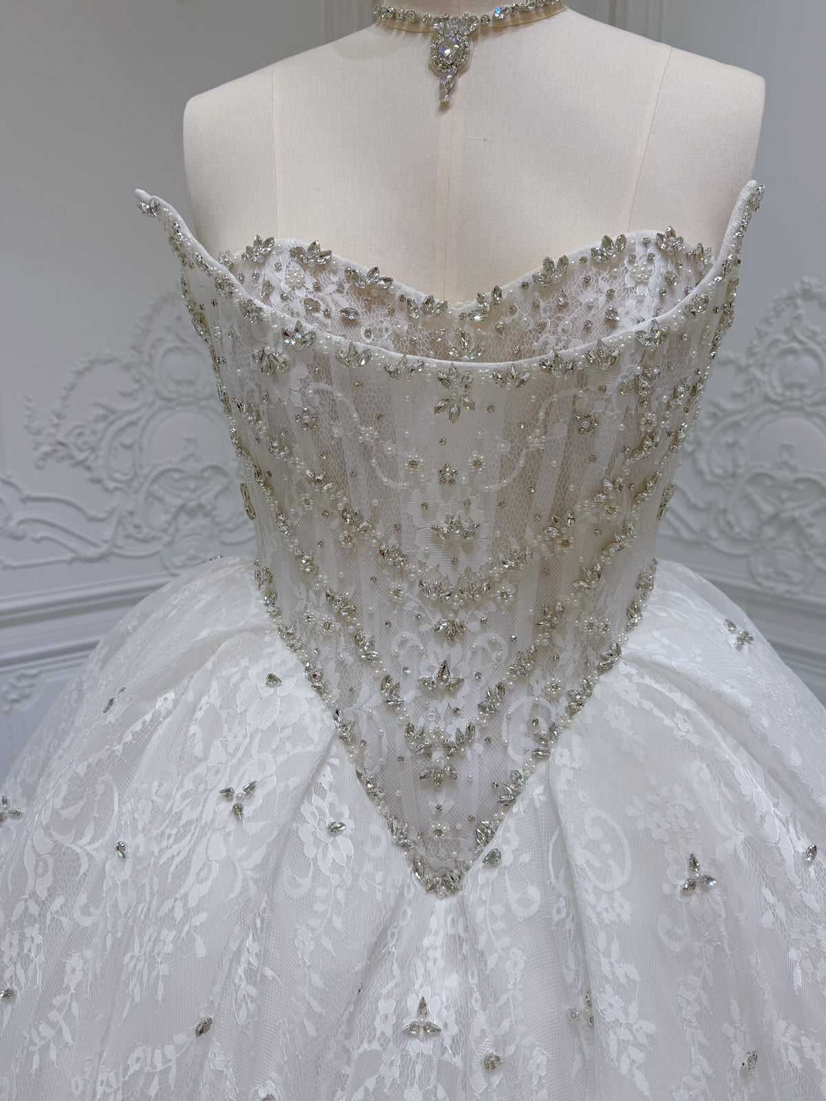 TBC-ZB082 Stock of rhinestone beaded strapless lace ballgown wedding dress - Ting's Bridal Collection