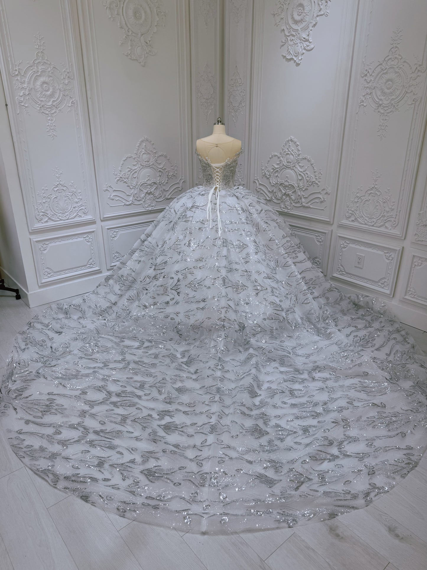 Stock Clearance! Bridal Size 10! Grey crystal beaded cap sleeve sparkling white&silver princess ballgown royal wedding dress - Ting's Bridal Collection