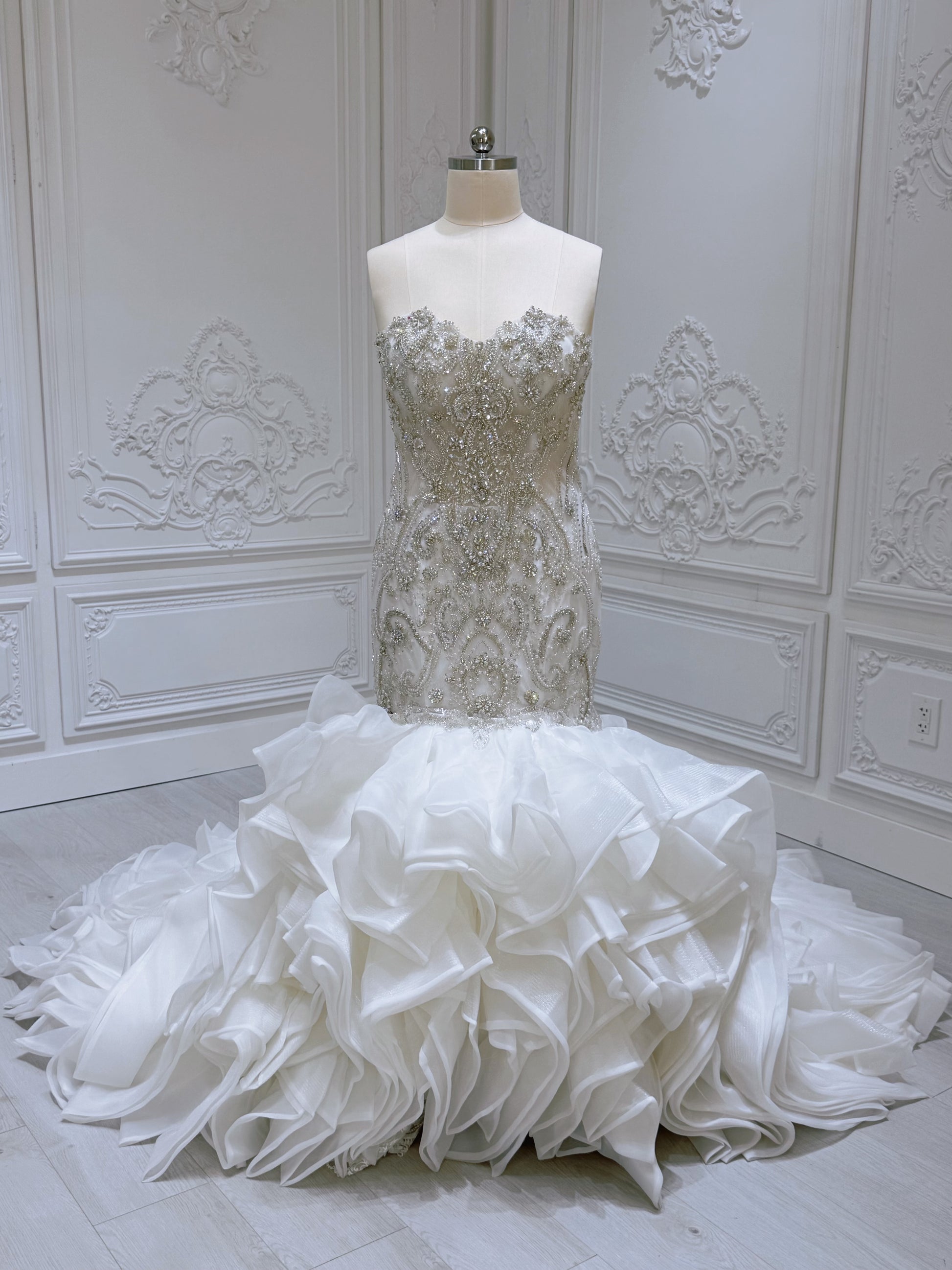 TBC-2IN1-001 Luxury beading sparkling mermaid royal wedding dress with detachable ruffled skirt - Ting's Bridal Collection