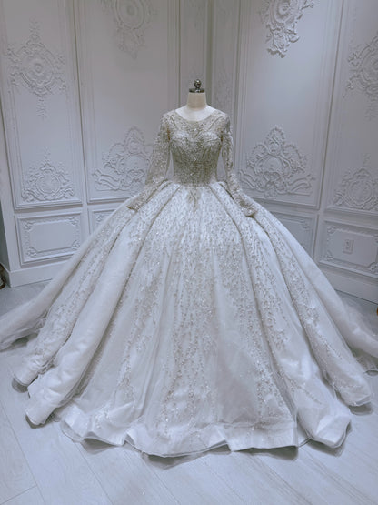 TBC-JB097 Custom-made rhinestone&pearl beaded sparkling long sleeve royal wedding dress