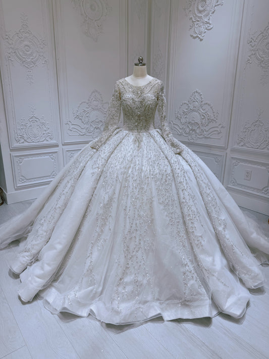 TBC-JB097 Custom-made rhinestone&pearl beaded sparkling long sleeve royal wedding dress - Ting's Bridal Collection