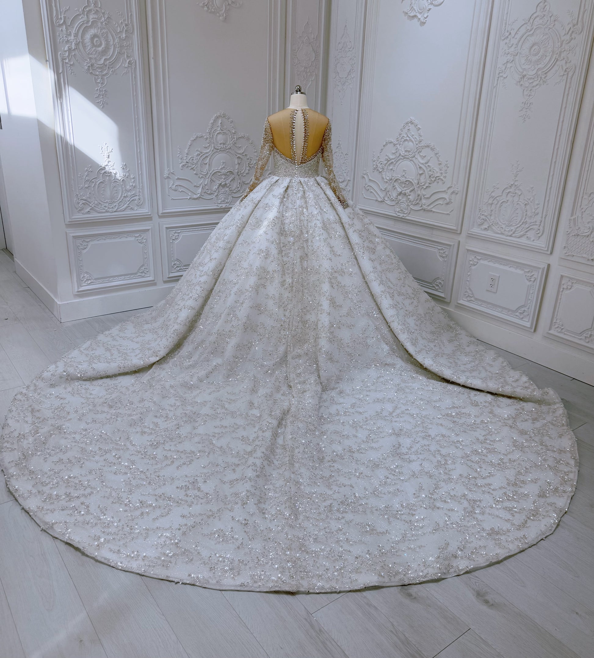 TBC-CM52 Custom-made luxury crystal with beading lace long sleeve sparkling princess ballgown royal wedding dress - Ting's Bridal Collection