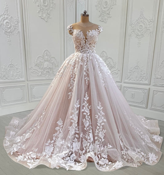 TBC-CM15 Custom-made blush color cap sleeve floral embroidered Aline/ballgown fairy wedding dress - Ting's Bridal Collection
