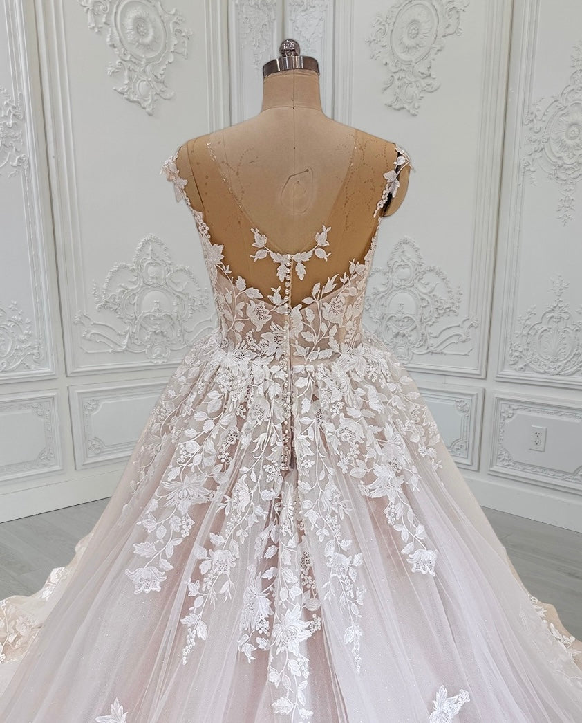 TBC-CM15 Custom-made blush color cap sleeve floral embroidered Aline/ballgown fairy wedding dress - Ting's Bridal Collection