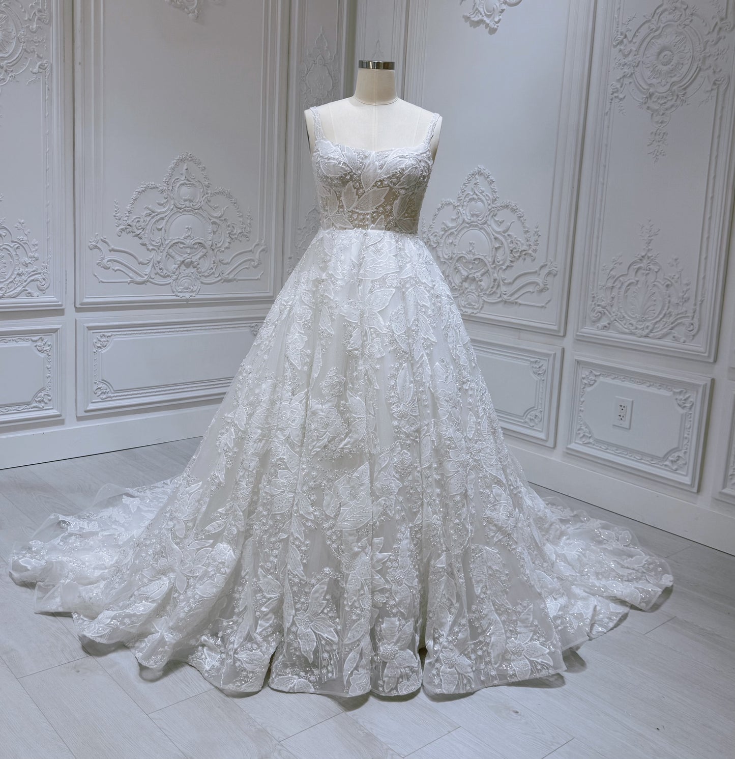 Stock Sale! Custom-made luxury 3D beading floral lace with straight neckline Aline wedding dress - Ting's Bridal Collection