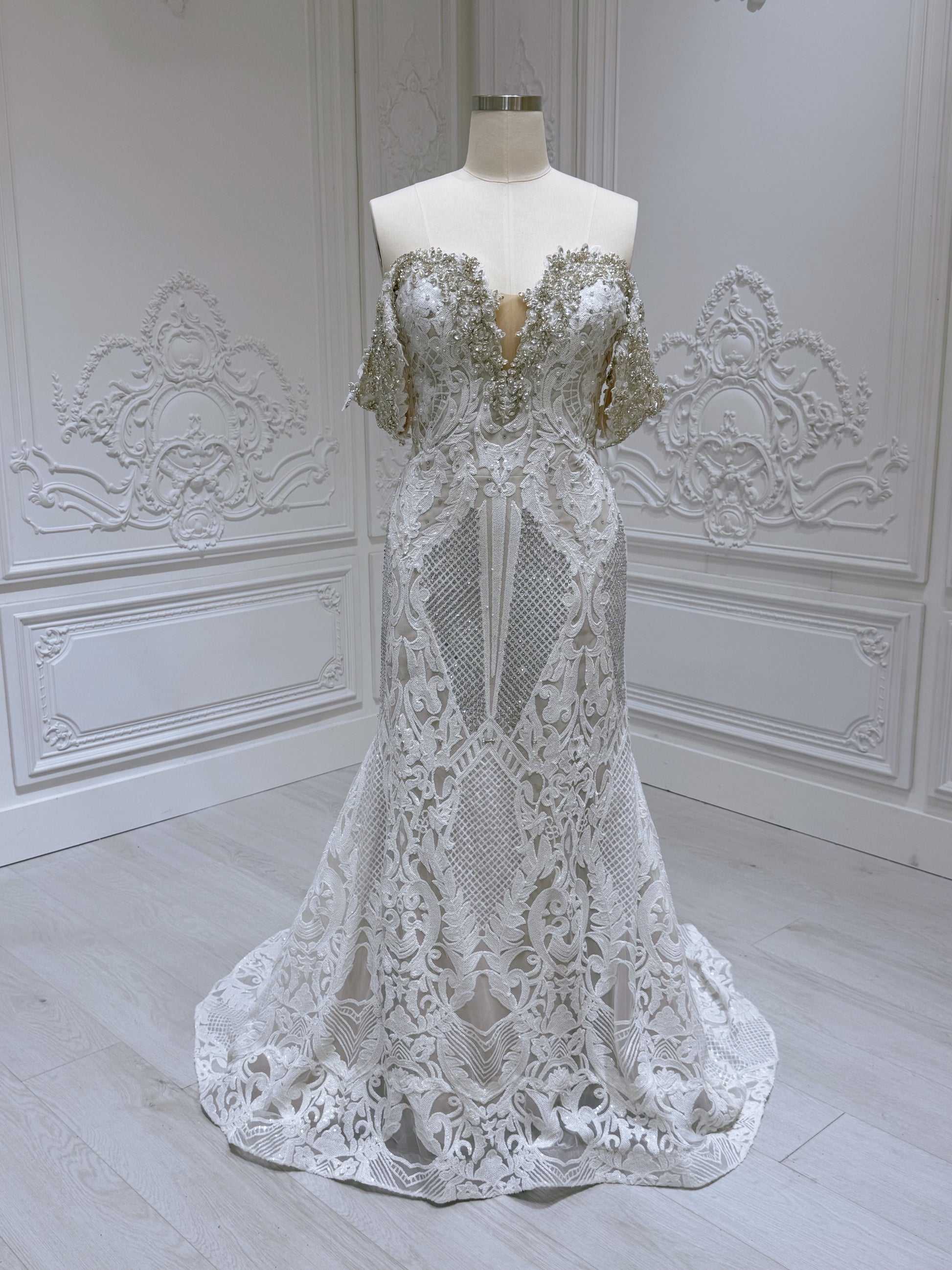Stock Sale! Ivory crystal beaded fitting trumpet wedding dress with sp Ting's Bridal Collection Stock Sale! Ivory crystal beaded fitting trumpet wedding dress with sp Ting's Bridal Collection