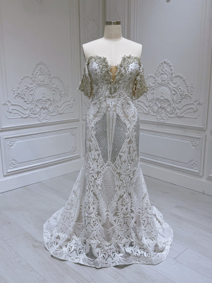 Stock Sale! Ivory crystal beaded fitting trumpet wedding dress with split - Ting's Bridal Collection