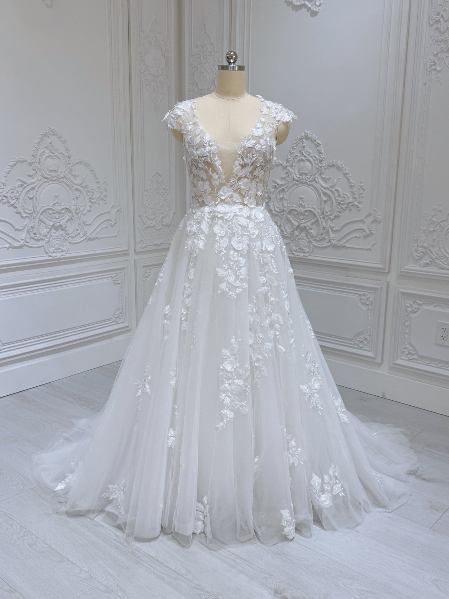 Stock Clearance! Bridal size 12! White 3D floral Deep V with cap sleeve Aline beach/outdoor wedding dress - Ting's Bridal Collection