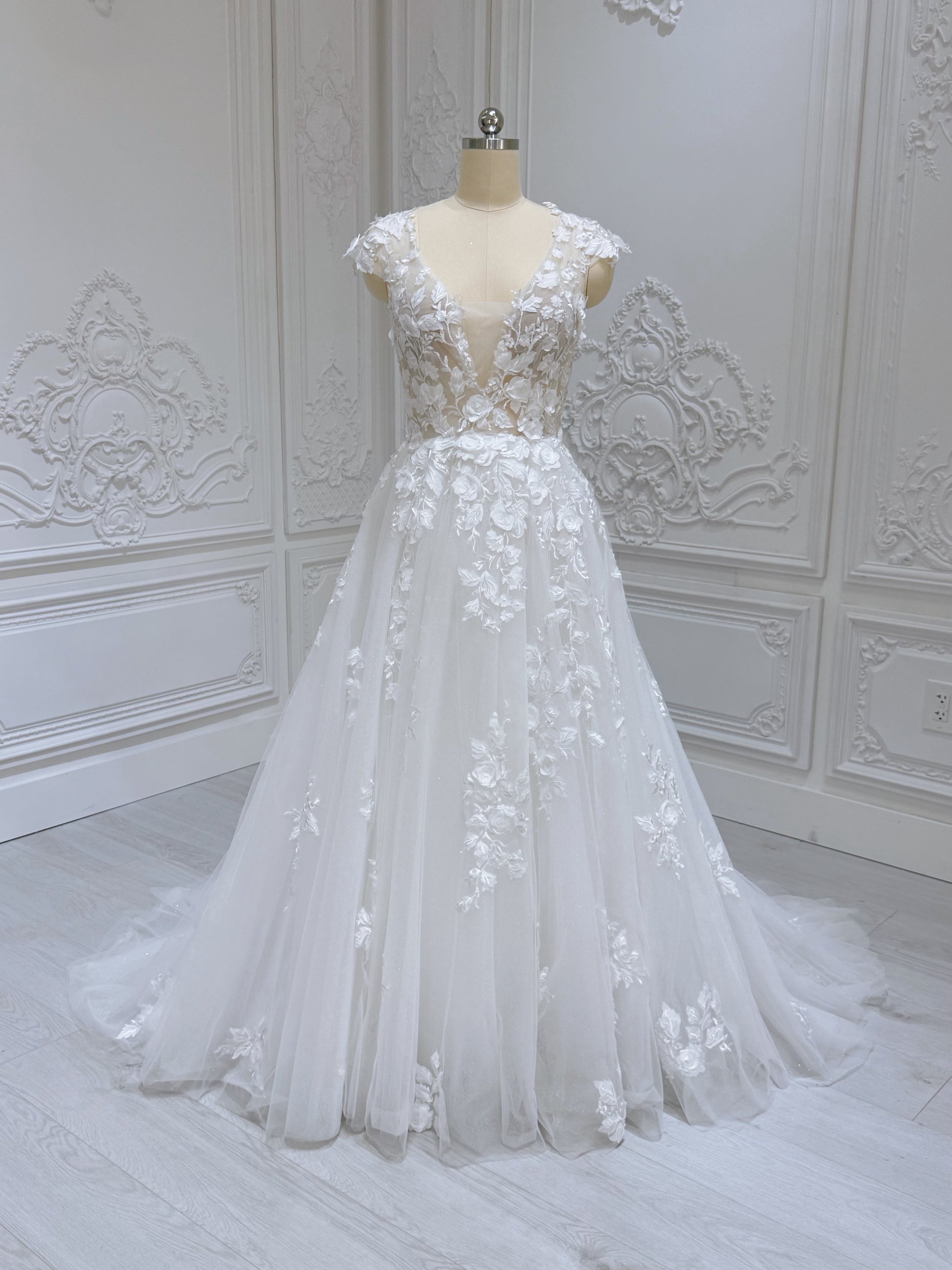 Stock Clearance! Bridal size 12! White 3D floral Deep V with cap sleeve Aline beach/outdoor wedding dress - Ting's Bridal Collection