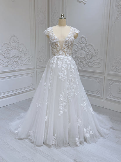 Stock Clearance! Bridal size 12! White 3D floral Deep V with cap sleeve Aline beach/outdoor wedding dress - Ting's Bridal Collection