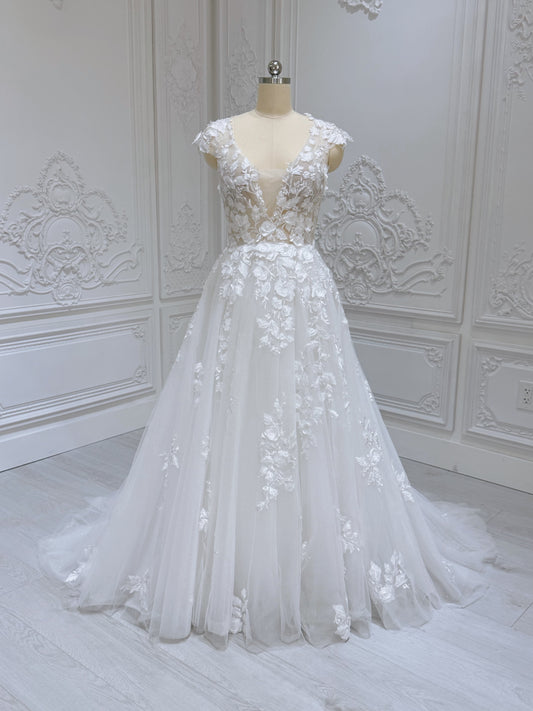 Stock Clearance! Bridal size 12! White 3D floral Deep V with cap sleeve Aline beach/outdoor wedding dress - Ting's Bridal Collection