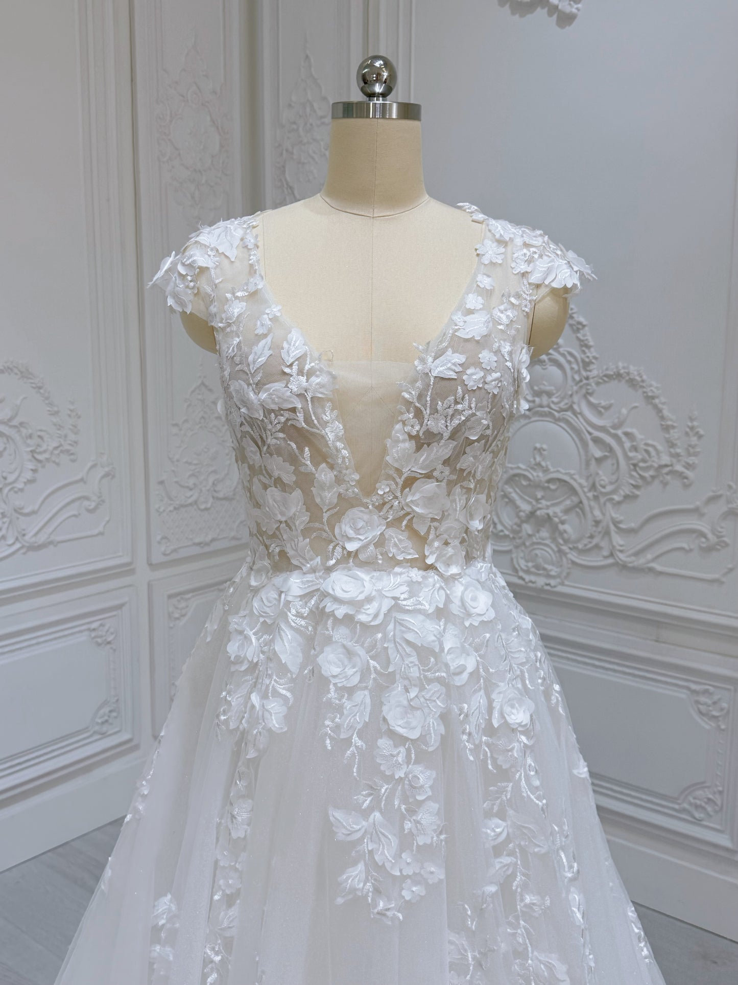 Stock Clearance! Bridal size 12! White 3D floral Deep V with cap sleeve Aline beach/outdoor wedding dress - Ting's Bridal Collection