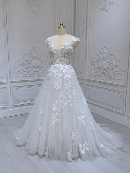 Stock Clearance! Bridal size 12! White 3D floral Deep V with cap sleeve Aline beach/outdoor wedding dress - Ting's Bridal Collection