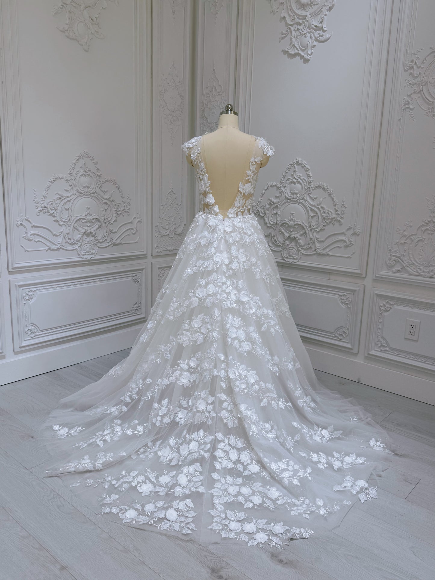 Stock Clearance! Bridal size 12! White 3D floral Deep V with cap sleeve Aline beach/outdoor wedding dress - Ting's Bridal Collection