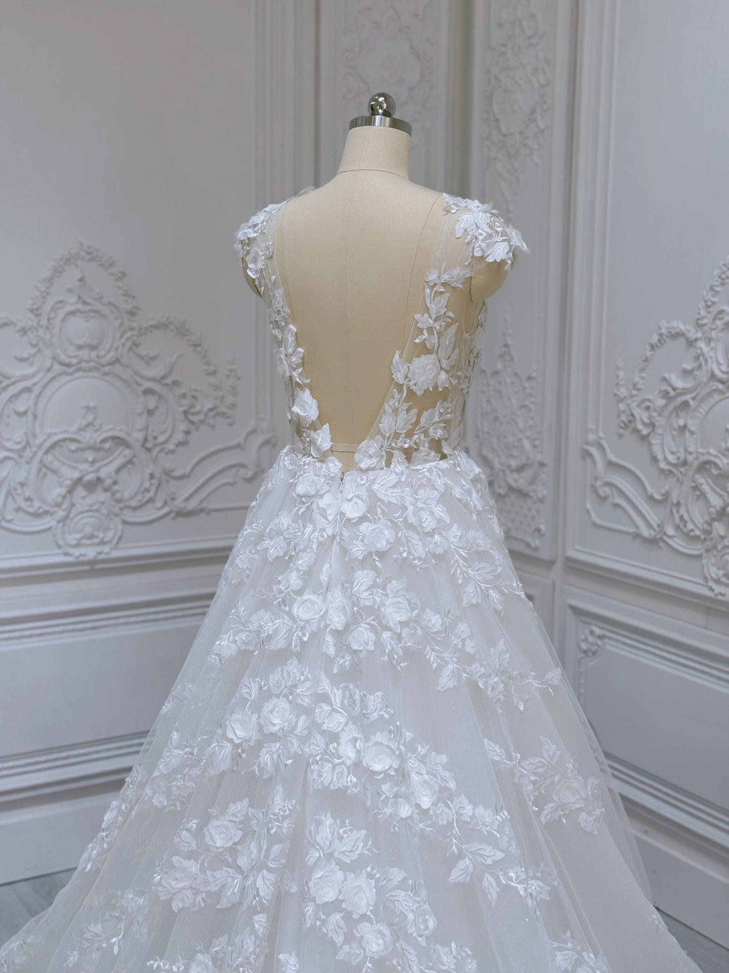 Stock Clearance! Bridal size 12! White 3D floral Deep V with cap sleeve Aline beach/outdoor wedding dress - Ting's Bridal Collection