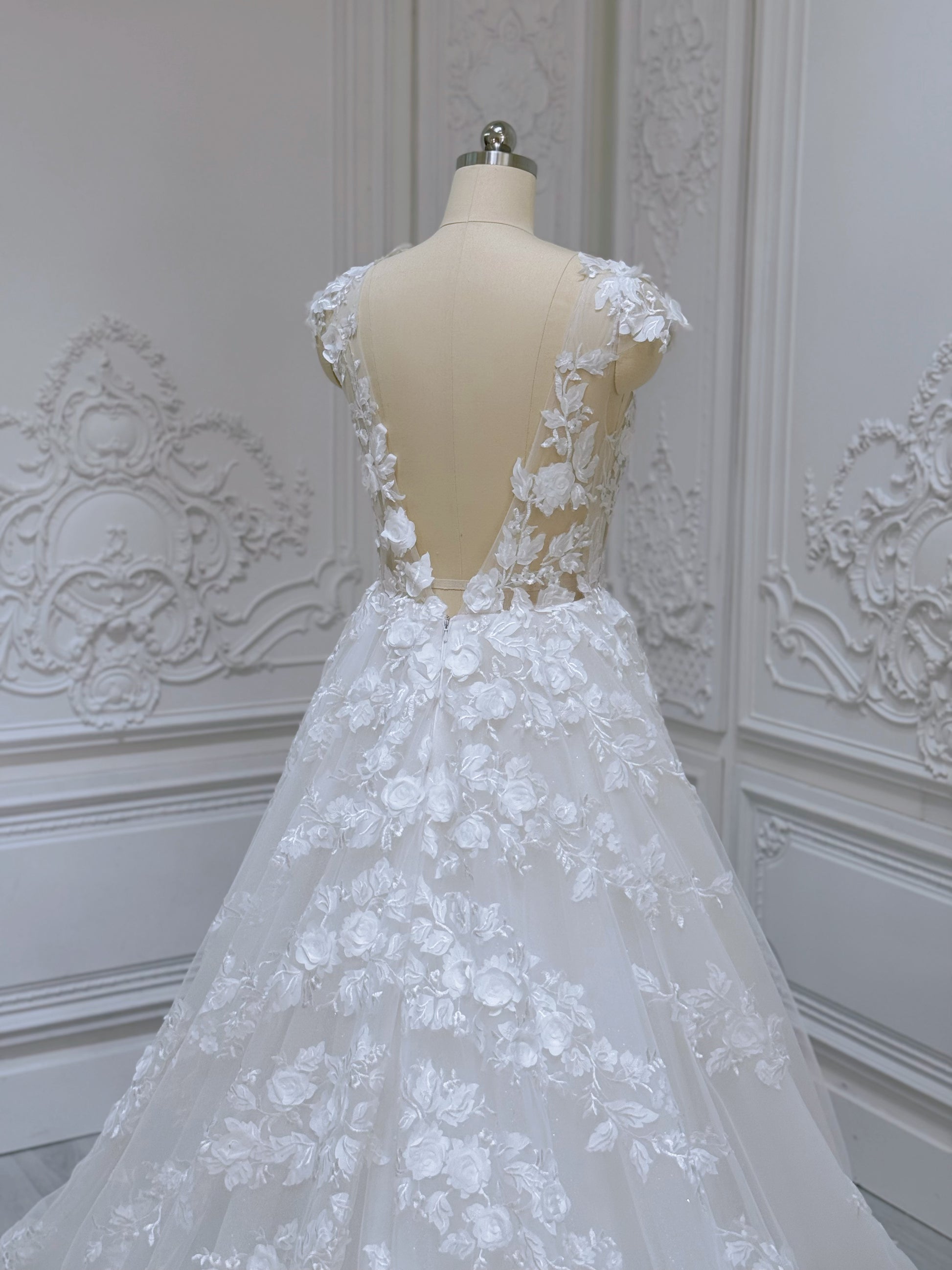 Stock Clearance! Bridal size 12! White 3D floral Deep V with cap sleeve Aline beach/outdoor wedding dress - Ting's Bridal Collection