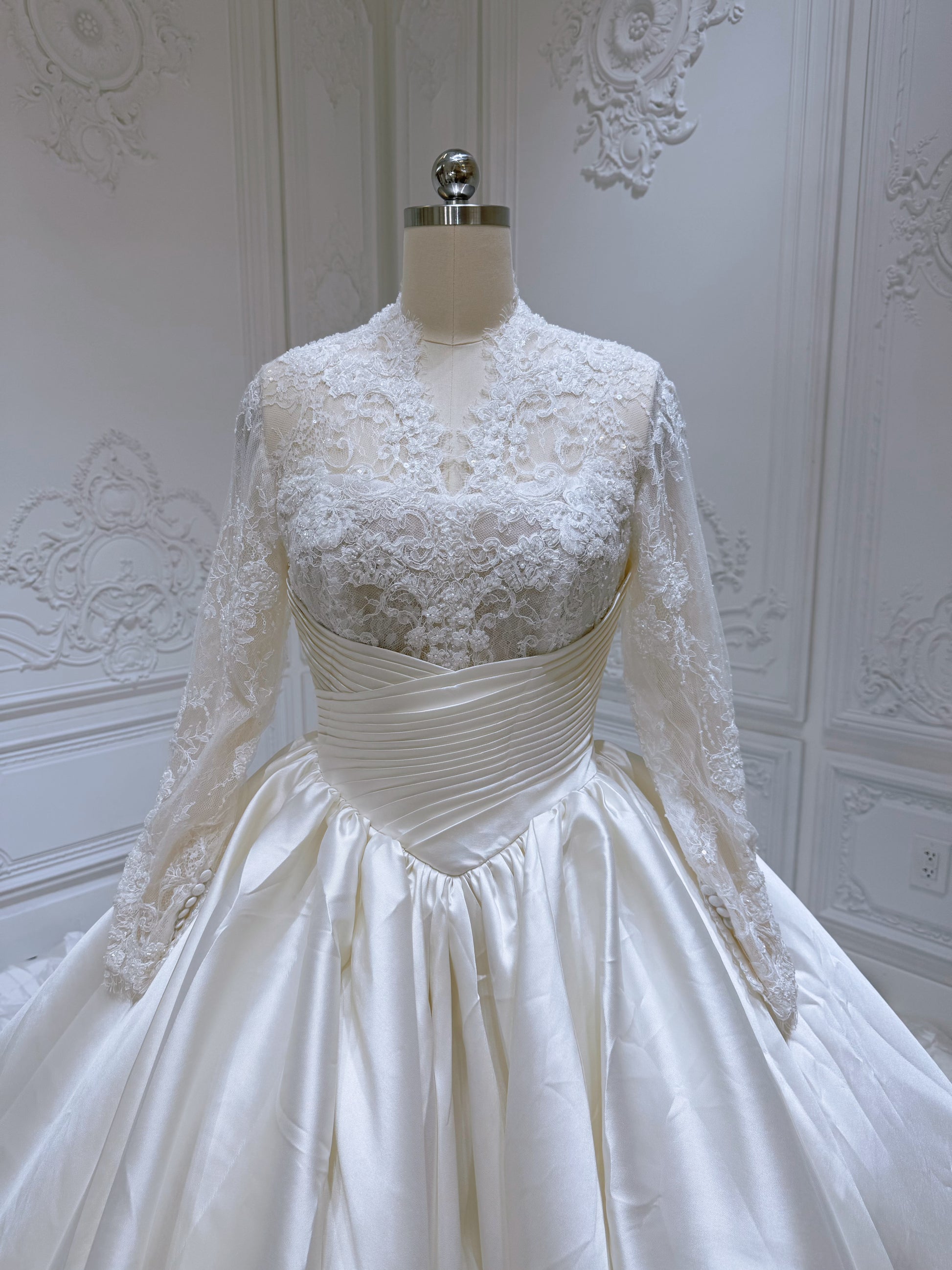 TBC-ZB096 Custom-made ivory lace satin long sleeve royal ballgown  wedding dress - Ting's Bridal Collection