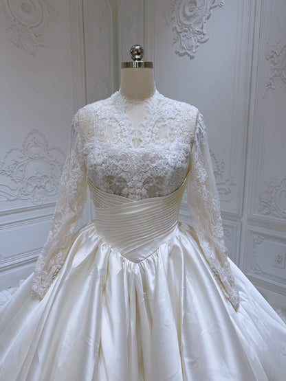 TBC-ZB096 Custom-made ivory lace satin long sleeve royal ballgown  wedding dress - Ting's Bridal Collection