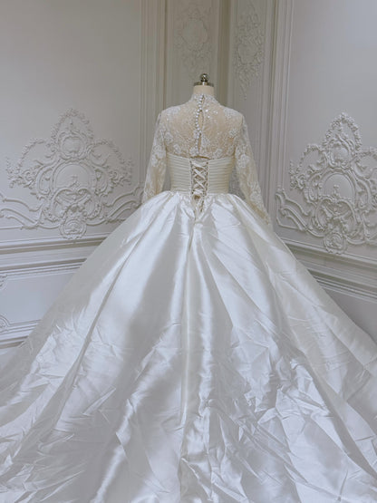 TBC-ZB096 Custom-made ivory lace satin long sleeve royal ballgown  wedding dress - Ting's Bridal Collection