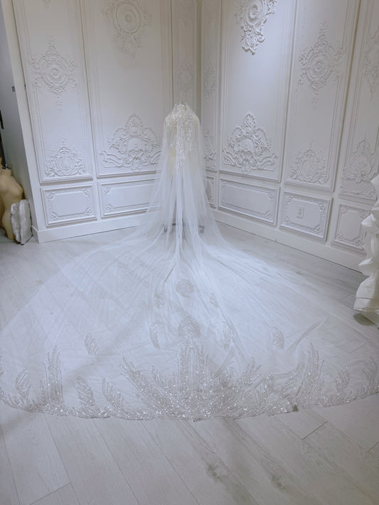 luxury beading 2 tiers wedding veil with blusher. Bridal veil with royal train - Ting's Bridal Collection