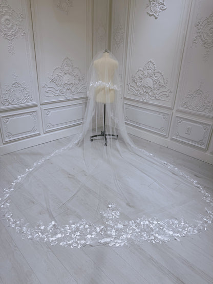 Stock sale of 2 tiers floral lace embroidered long wedding veil with blusher - Ting's Bridal Collection