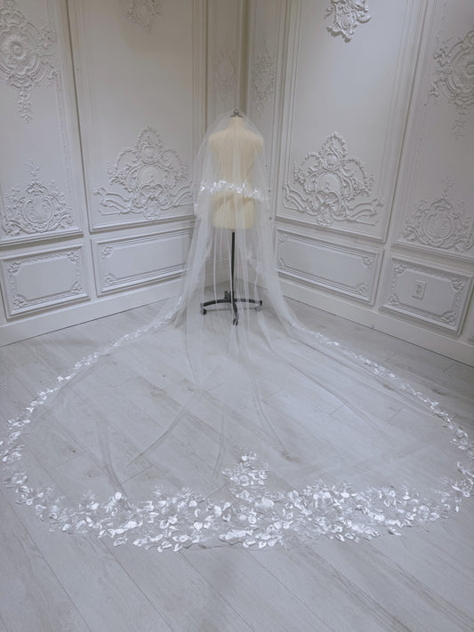 Stock sale of 2 tiers floral lace embroidered long wedding veil with blusher - Ting's Bridal Collection