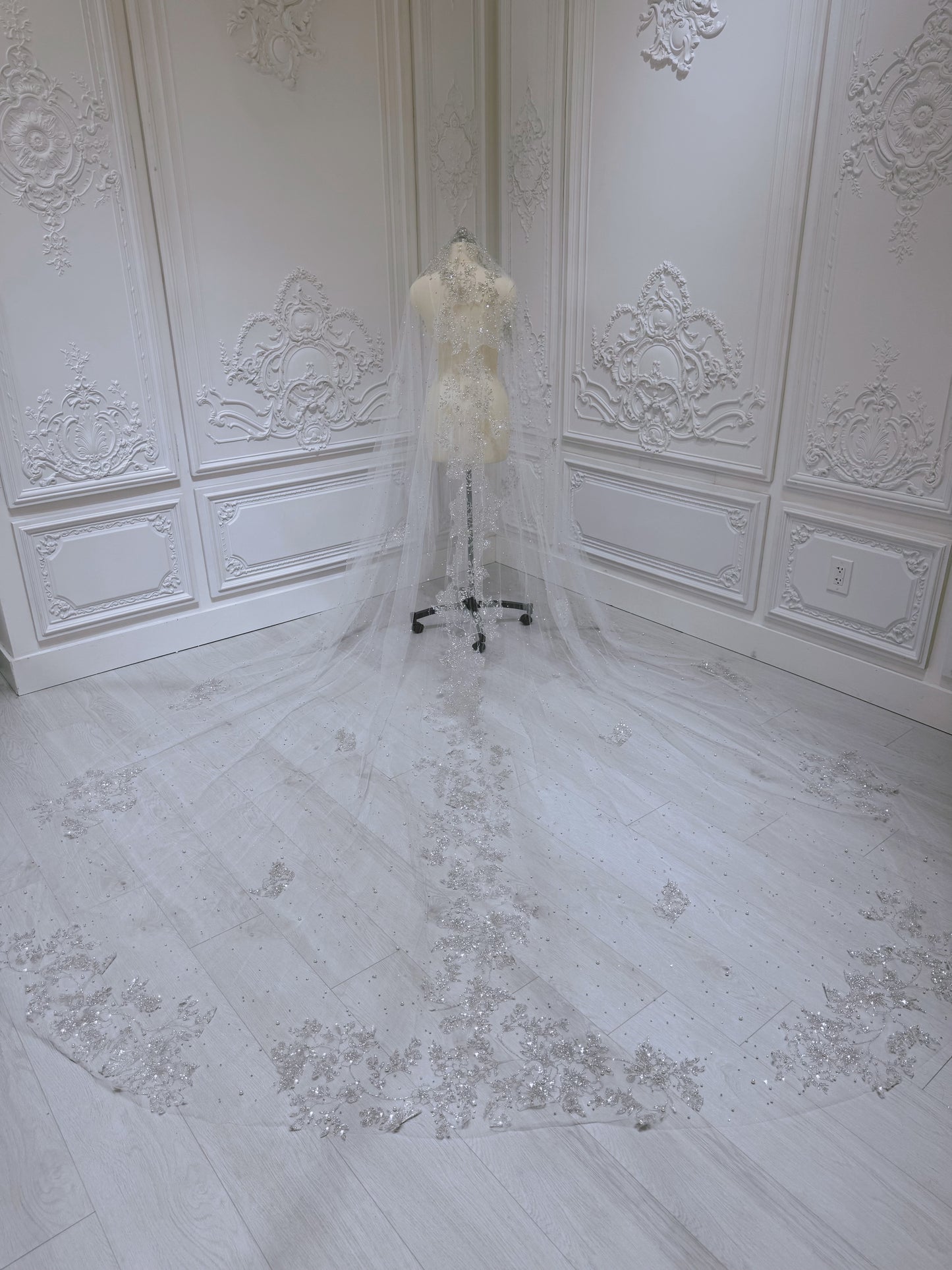 Stock of off white glitter lace with beaded pearl long bridal veil - Ting's Bridal Collection
