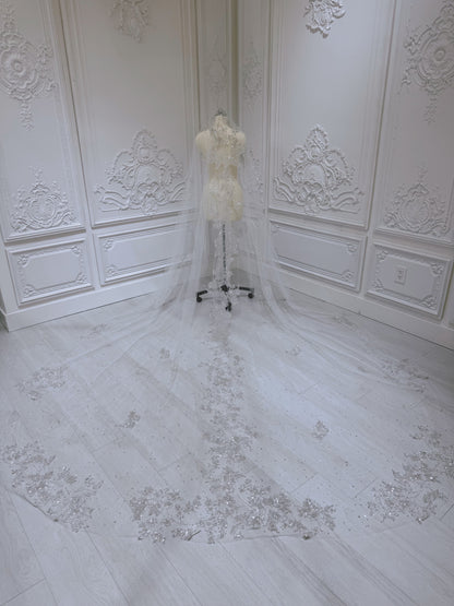 Stock of off white glitter lace with beaded pearl long bridal veil - Ting's Bridal Collection
