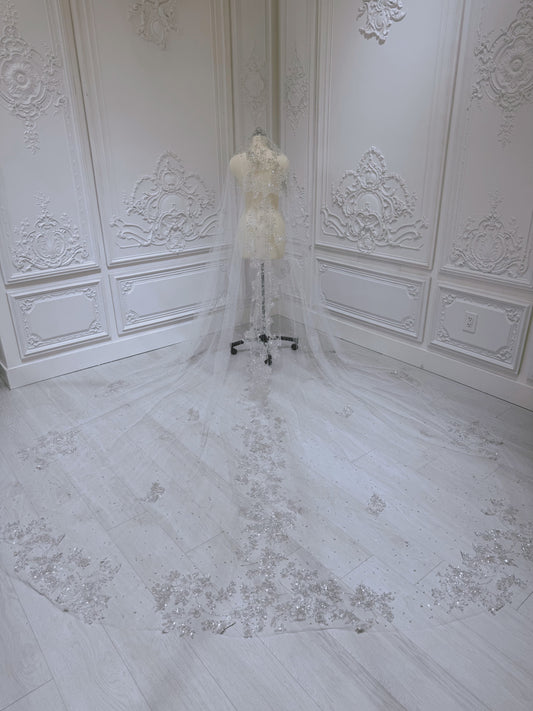 Stock of off white glitter lace with beaded pearl long bridal veil - Ting's Bridal Collection