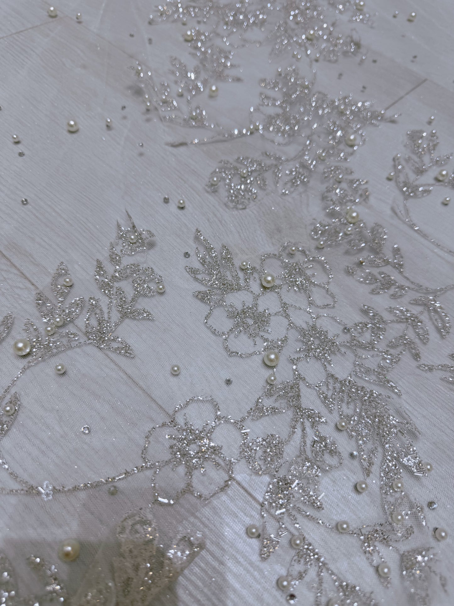 Stock of off white glitter lace with beaded pearl long bridal veil - Ting's Bridal Collection