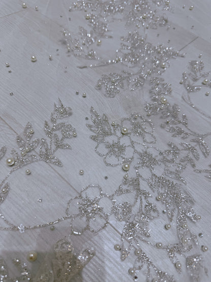 Stock of off white glitter lace with beaded pearl long bridal veil - Ting's Bridal Collection