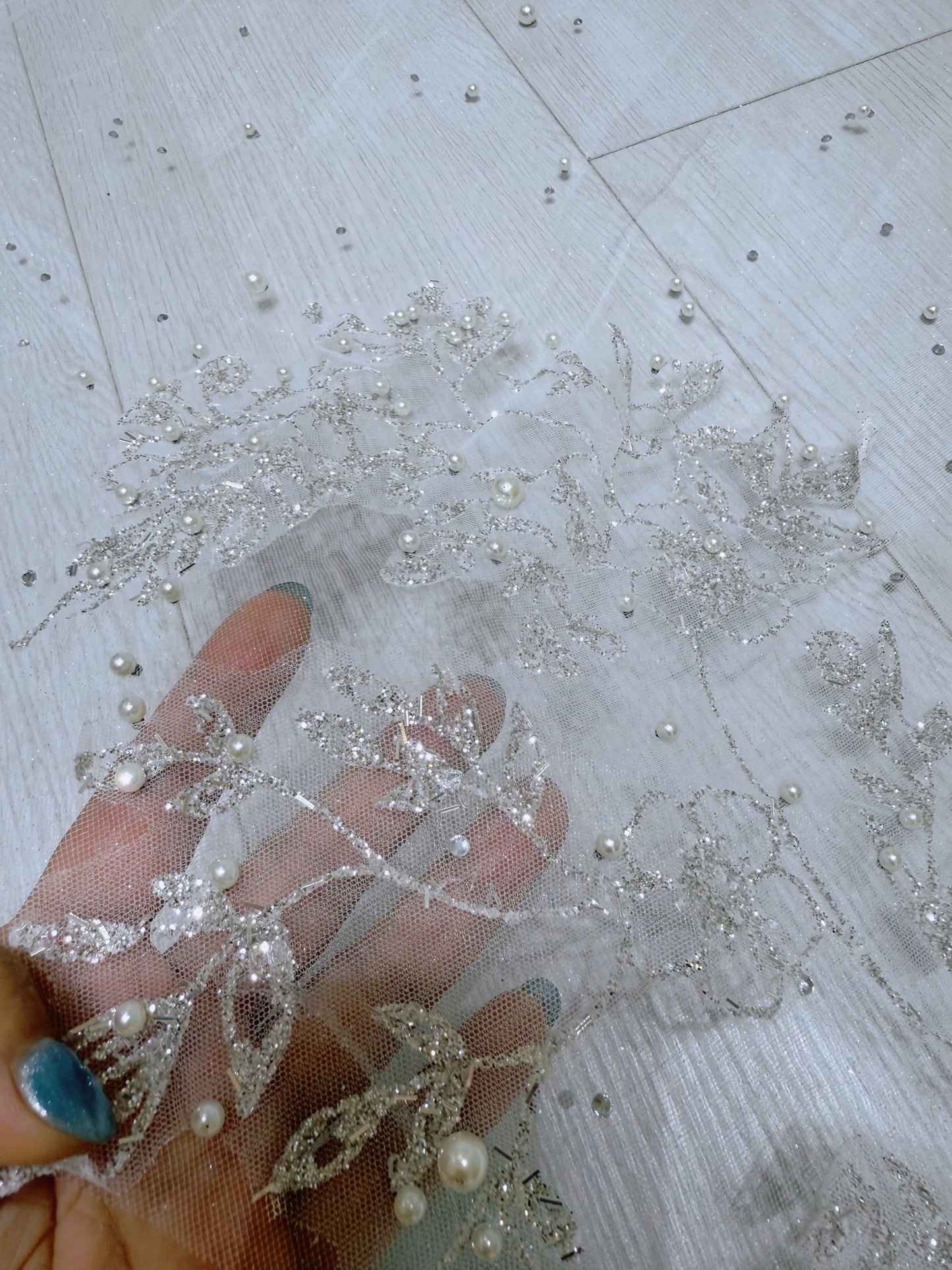 Stock of off white glitter lace with beaded pearl long bridal veil - Ting's Bridal Collection