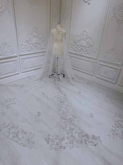 Stock of off white glitter lace with beaded pearl long bridal veil - Ting's Bridal Collection