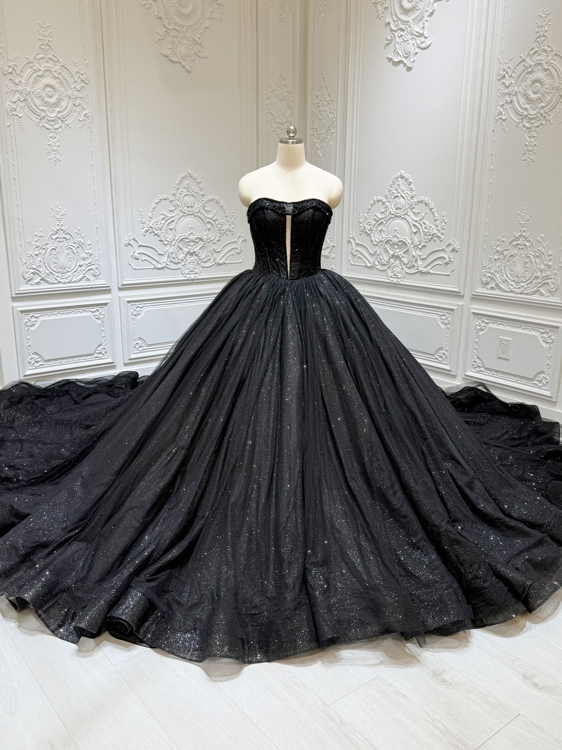 Stock clearance! Bridal size 8! Black strapless sparkling ballgown Gothic wedding dress - Ting's Bridal Collection