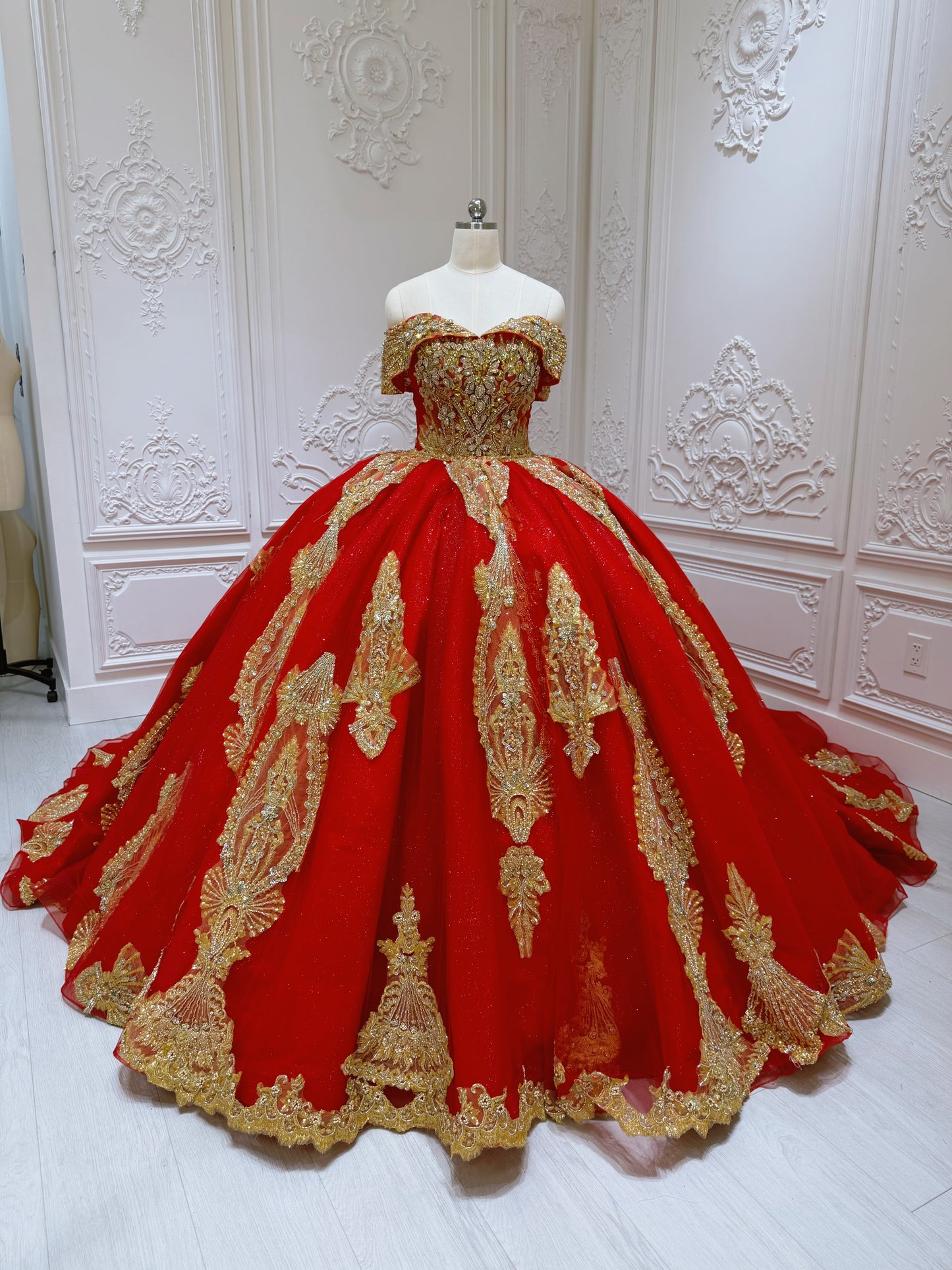 TBC-2IN1-037 Custom-made luxury beading red and gold princess ballgown royal wedding dress with detachable skirt - Ting's Bridal Collection