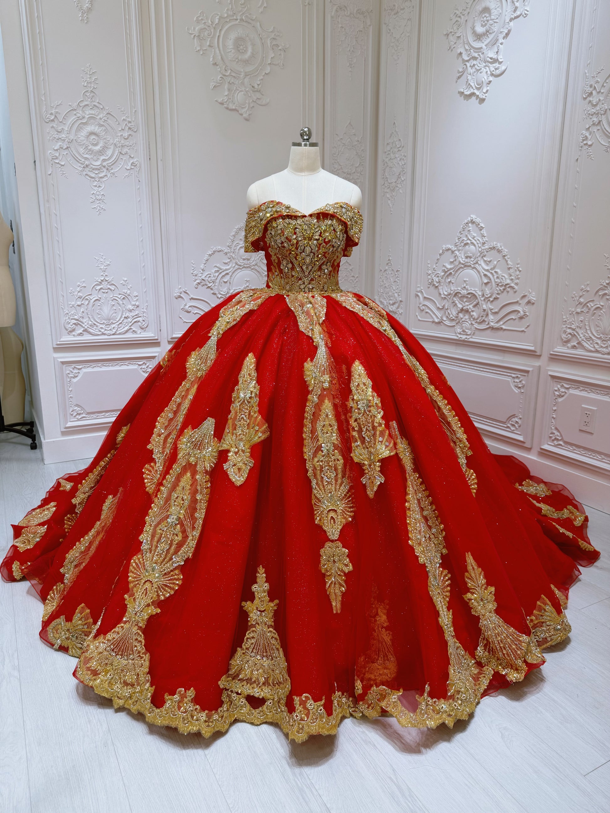 TBC-2IN1-037 Custom-made luxury beading red and gold princess ballgown royal wedding dress with detachable skirt - Ting's Bridal Collection