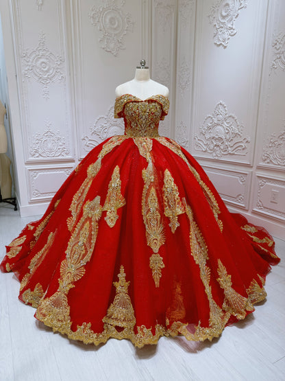 TBC-2IN1-037 Custom-made luxury beading red and gold princess ballgown royal wedding dress with detachable skirt - Ting's Bridal Collection