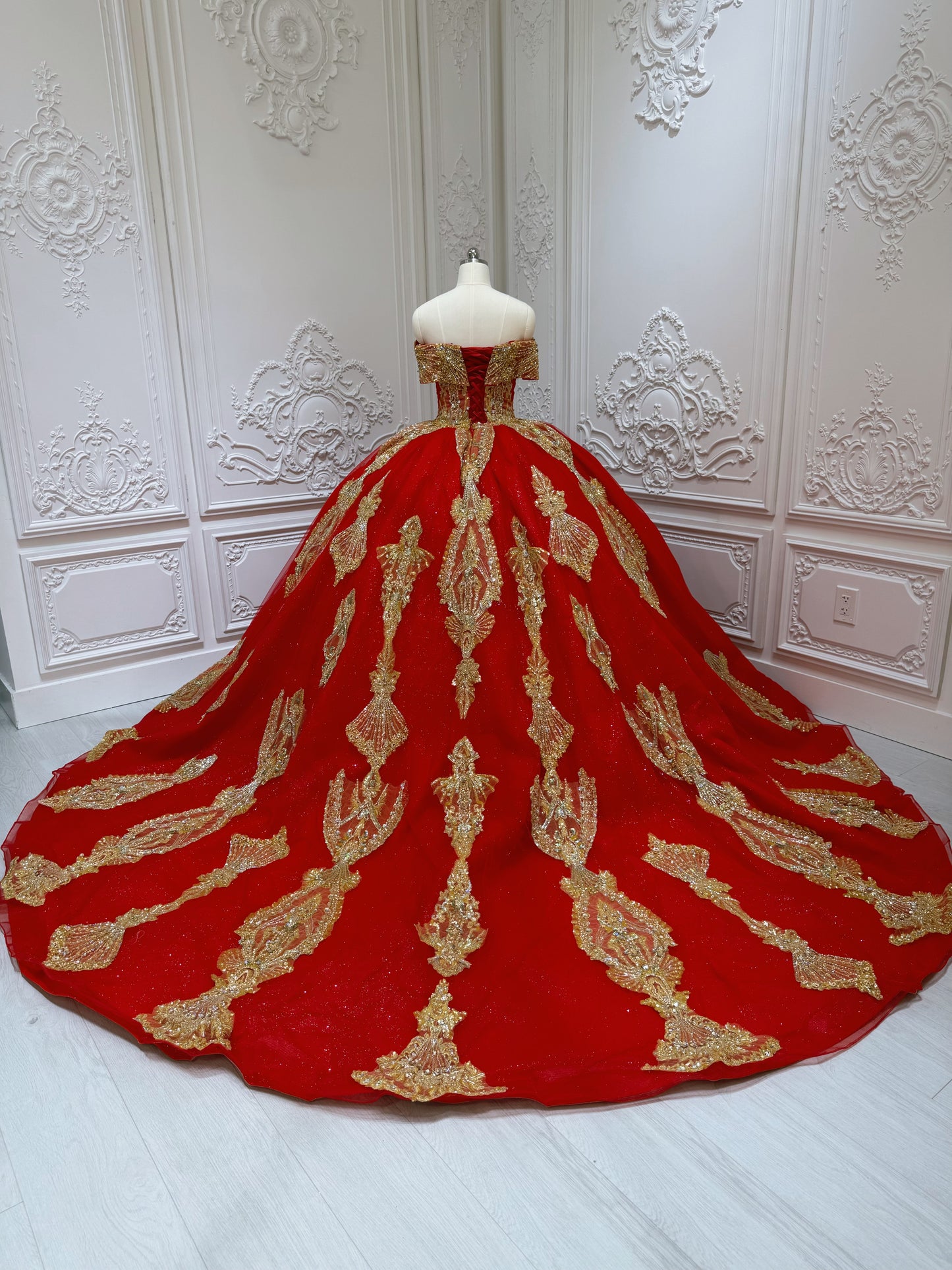 TBC-2IN1-037 Custom-made luxury beading red and gold princess ballgown royal wedding dress with detachable skirt - Ting's Bridal Collection