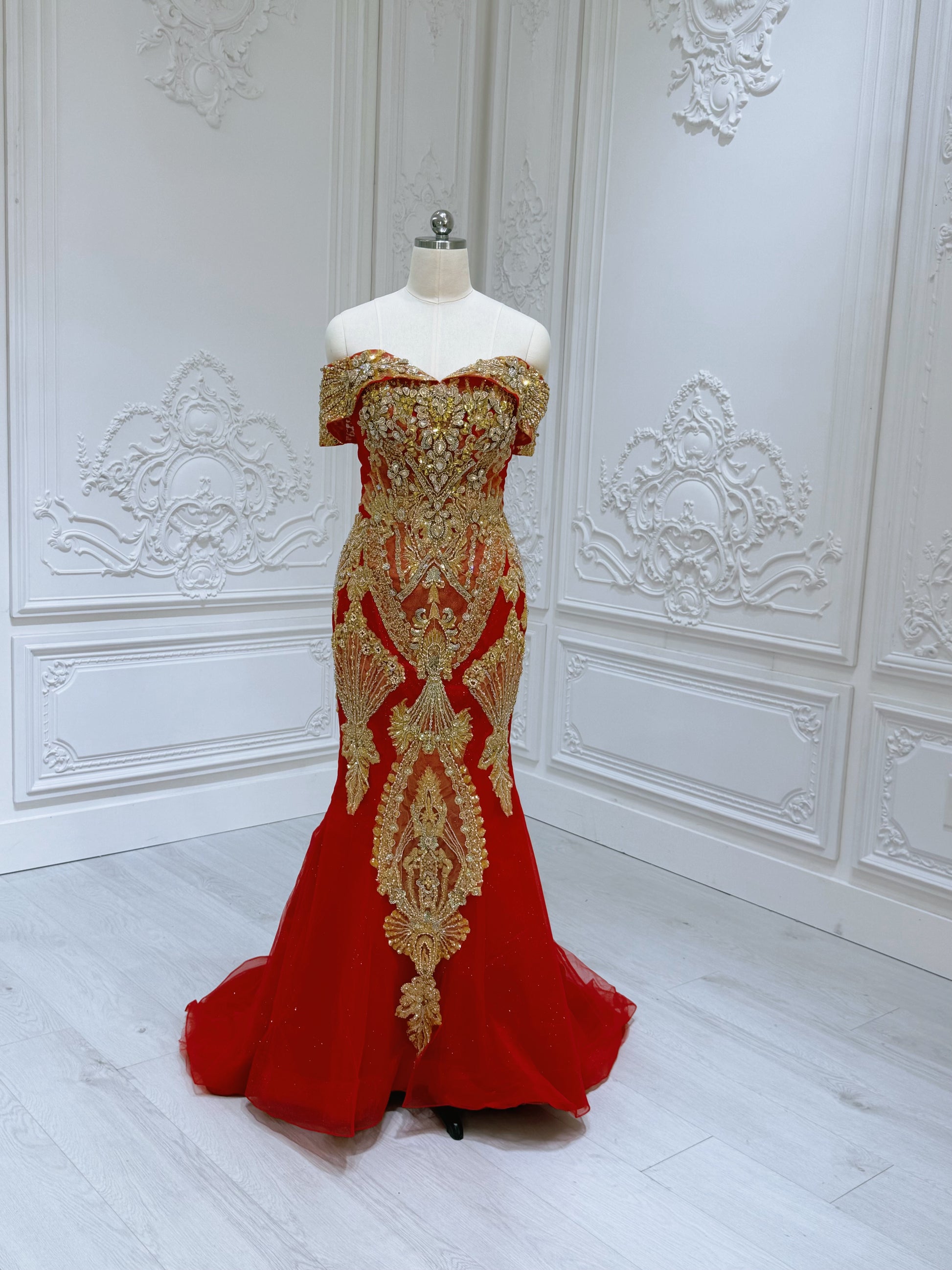 TBC-2IN1-037 Custom-made luxury beading red and gold princess ballgown royal wedding dress with detachable skirt - Ting's Bridal Collection