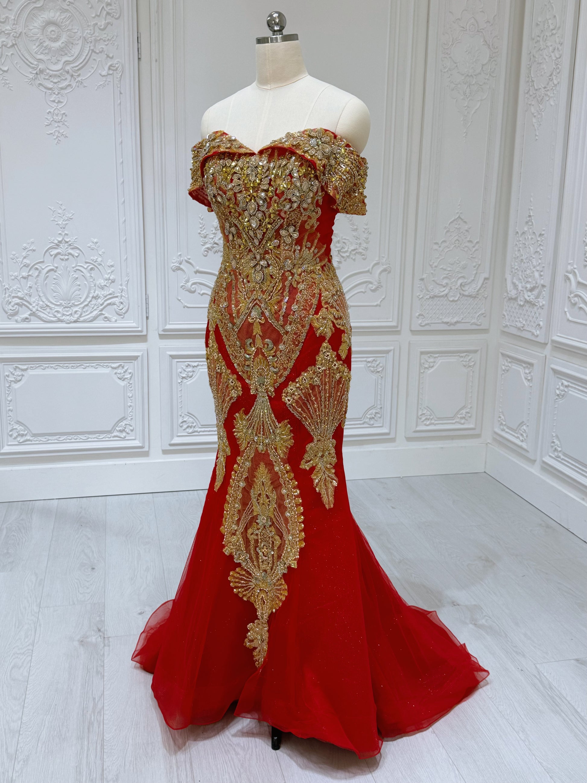TBC-2IN1-037 Custom-made luxury beading red and gold princess ballgown royal wedding dress with detachable skirt - Ting's Bridal Collection