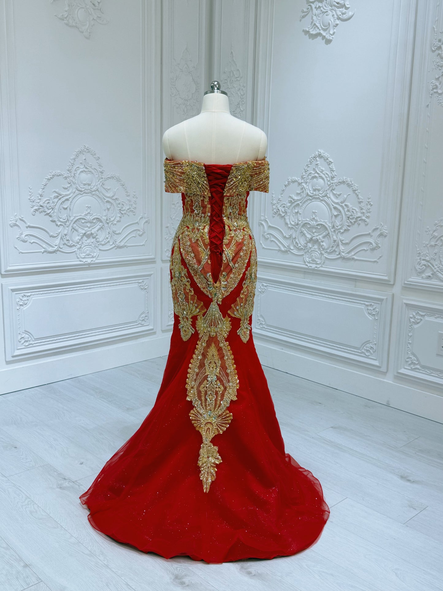 TBC-2IN1-037 Custom-made luxury beading red and gold princess ballgown royal wedding dress with detachable skirt - Ting's Bridal Collection