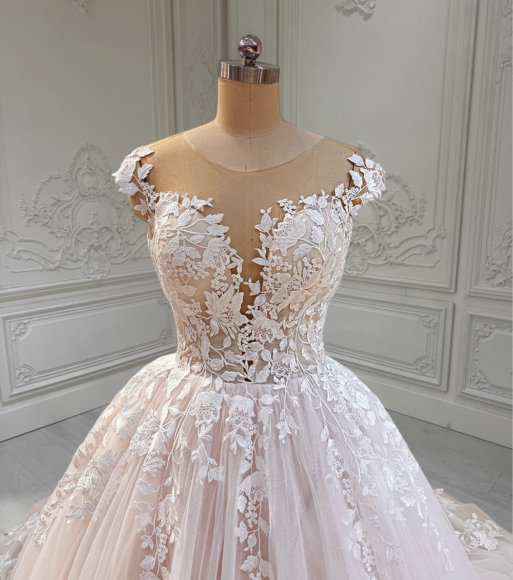 TBC-CM15 Custom-made blush color cap sleeve floral embroidered Aline/ballgown fairy wedding dress - Ting's Bridal Collection