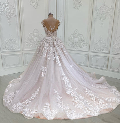 TBC-CM15 Custom-made blush color cap sleeve floral embroidered Aline/ballgown fairy wedding dress - Ting's Bridal Collection