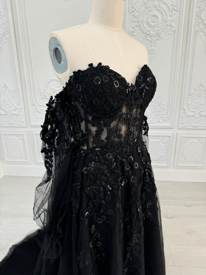 TBC-CM003  Custom-made black off the shoulder lace embroidered Aline wedding dress - Ting's Bridal Collection