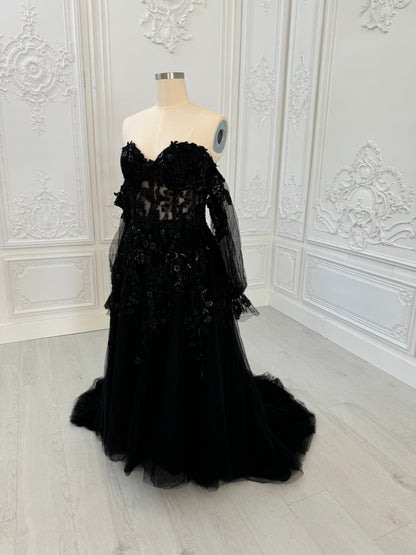TBC-CM003  Custom-made black off the shoulder lace embroidered Aline wedding dress - Ting's Bridal Collection